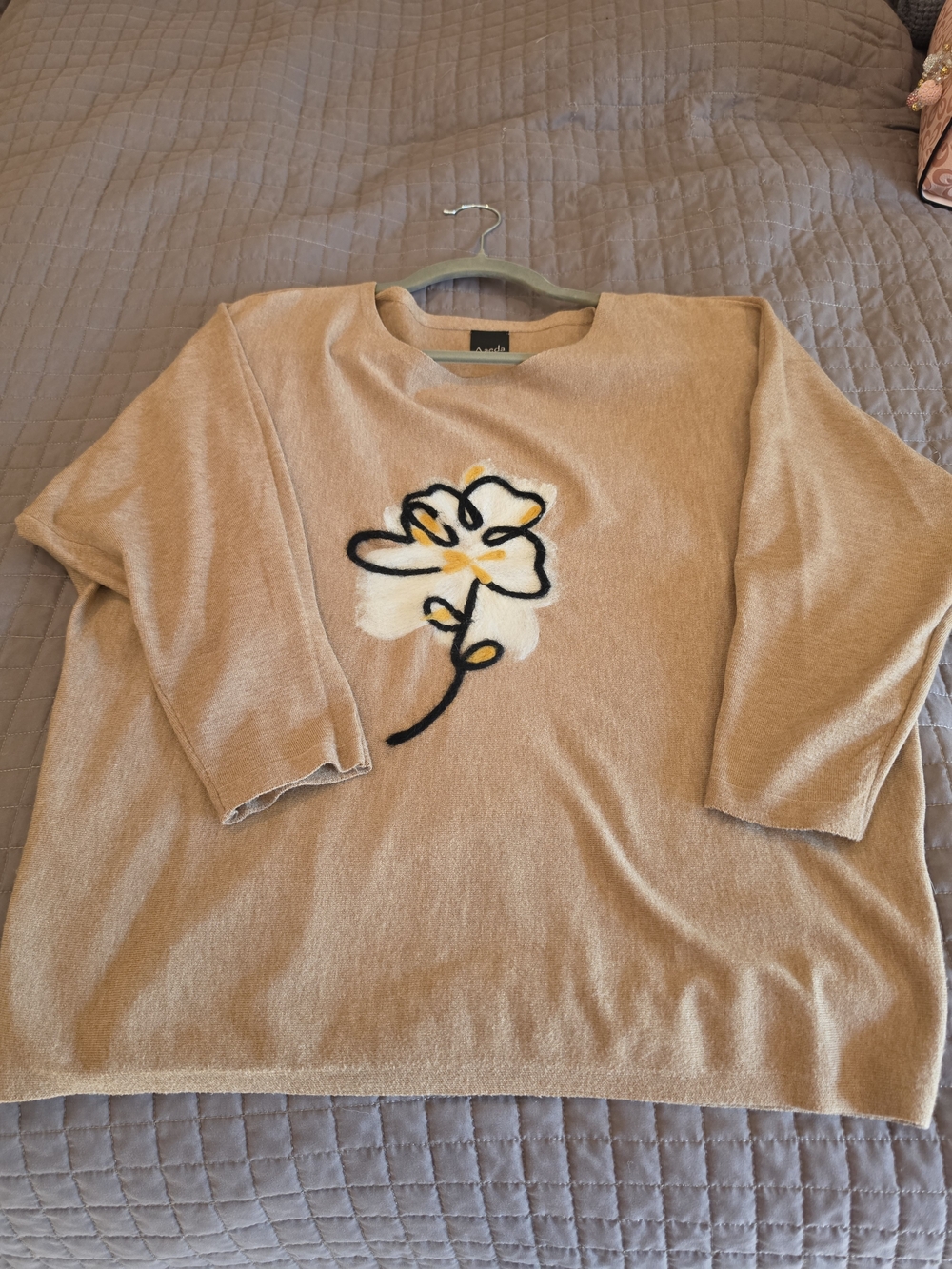 Women’s Beige Floral Appliqué Sweater 3/4 Sleeves